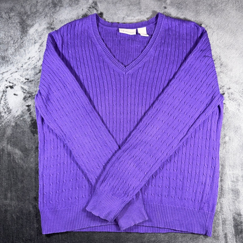 Kim Rogers Purple Cable Knit V-Neck Cotton Sweater Womens Large RN 31104